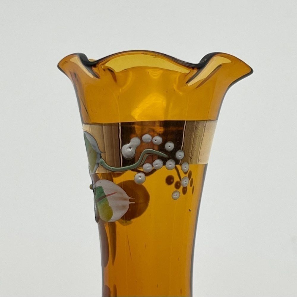 Vintage Amber Art Glass Floral Fluted Hand Painted Bud Vase With Gold Trim 7.75” - Picture 4 of 10
